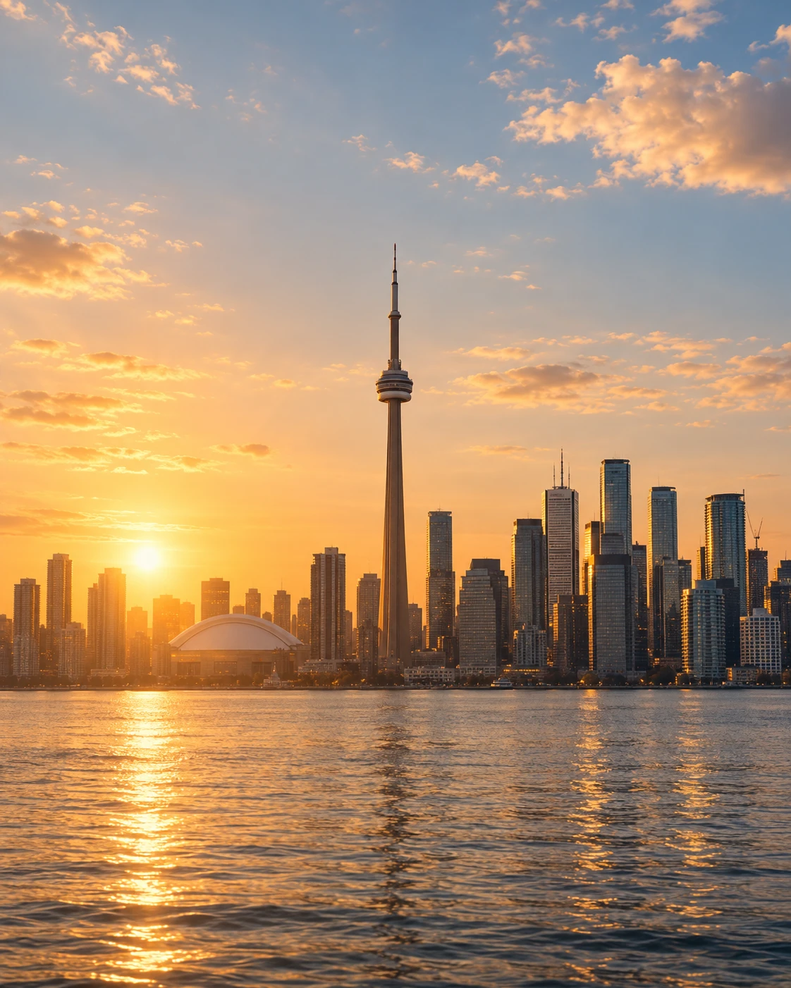 The Toronto skyline and CN Tower at sunset over Lake Ontario